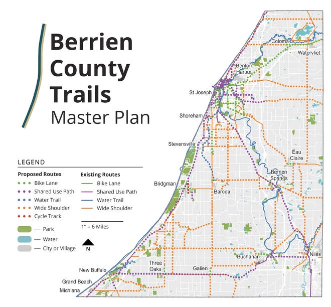 This map shows proposed routes for the Berrien County Trails Master Plan that the county adopted in December 2022.