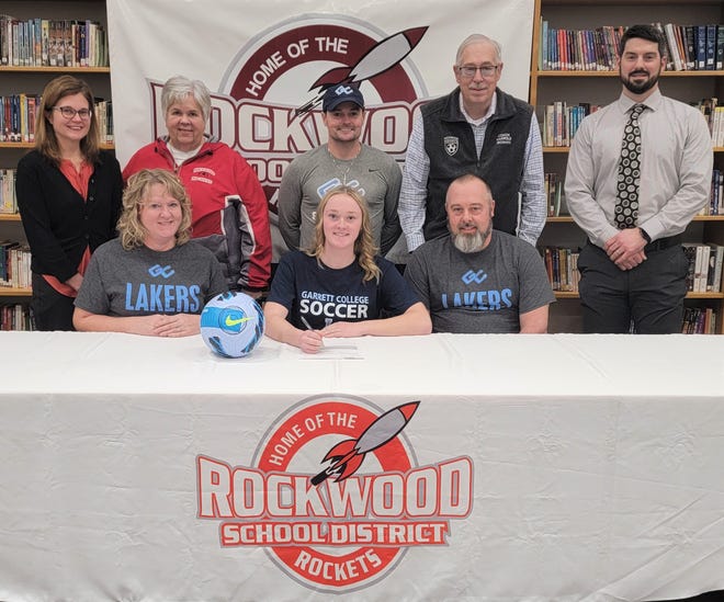Flanked by parents Jen and JB Harrold, Rockwood senior student-athlete announces her intentions to attend and play soccer at Garrett College, Jan. 24, in Rockwood. Pictured in back, Rockwood Principal Misty Demchak, Rockwood girls soccer head coach Susie Branam, Garrett College women's head coach Brandon Jackson, Jim Harrold and Rockwood Athletic Director Nick Buterbaugh.