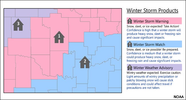 Winter weather related Warnings, Watches and Advisories in our area are issued by the local National Weather Service office in Wilmington . Each office knows the local area and will issue them based on local criteria.