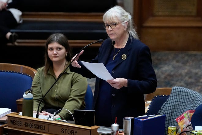 State Rep. Beth Wessel-Kroeschell, D-Story, speaks during debate on a bill that would create education savings accounts, Monday, Jan. 23, 2023, at the Statehouse in Des Moines, Iowa.