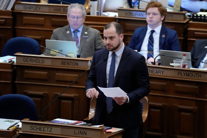 State Rep. Sami Scheetz, D-Linn, speaks during debate on a bill that would create education savings accounts, Monday, Jan. 23, 2023, at the Statehouse in Des Moines, Iowa.