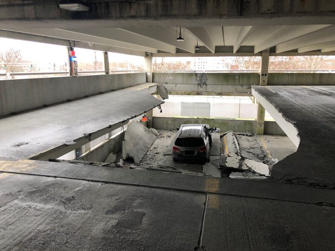 TidalHealth Peninsula Regional provided this photo of the partial collapse of one level of Garage A after an accident on the early morning of Sunday, Jan. 22, 2023.