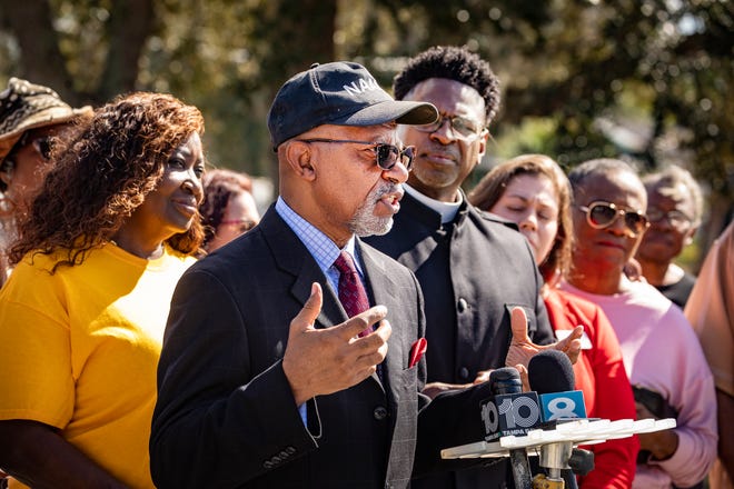 Lakeland NAACP chapter President Terry Coney addresses the media during a rally conference at the Coney Funeral Home in Lakeland on Wednesday. The Lakeland NAACP and Polk Education Association held the rally in conjunction with the "Stop the Black Attack" event taking place in Tallahassee to protest the Florida Department of Education's rejection of an AP class on African-American studies as well as Gov. Ron DeSantis' more general agenda.