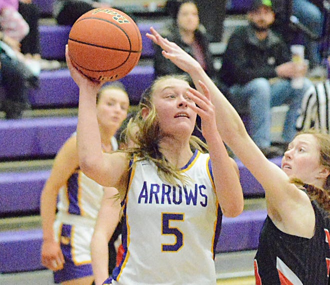 Watertown's Emery Thury (5) shoots against Huron's Karsyn Kopfmann during their high school girls basketball game on Tuesday, Jan. 24, 2023 in the Civic Arena.