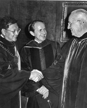 Dr. Thomas Kim, left, is McMurry's longest-serving president. At the center of the photo is Bob Hunter, the retired Abilene Christian administrator who also served as state representative.
