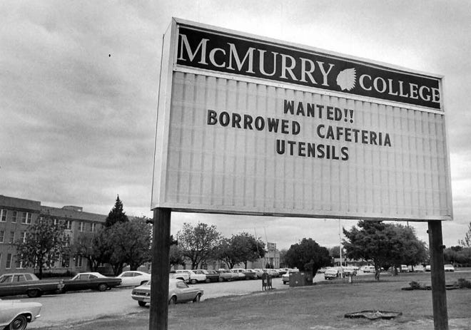 A sign on the McMurry campus in 1973 prods students who took items from the dining hall to their dorm rooms, or wherever, to bring them back. The Iris Graham Building once was the dining hall, named for the longtime registrar.