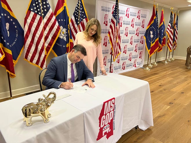 Republican Secretary of State Micahel Watson qualified for reelection Wednesday, Jan. 25, 2023 at the Mississippi Republican Party headquarters in Jackson.