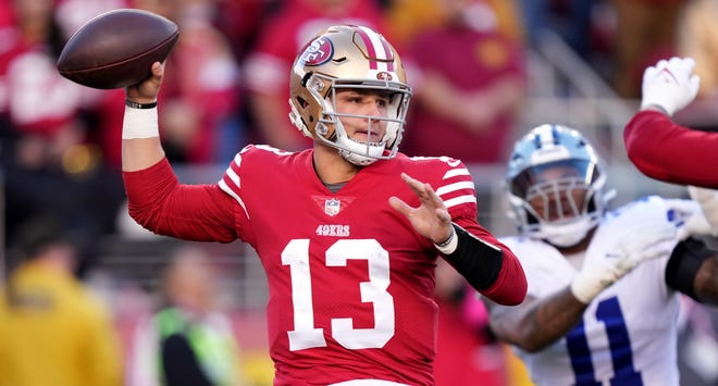 Brock Purdy threw for 214 yards in the 49ers' NFC divisional playoff win over the Cowboys.