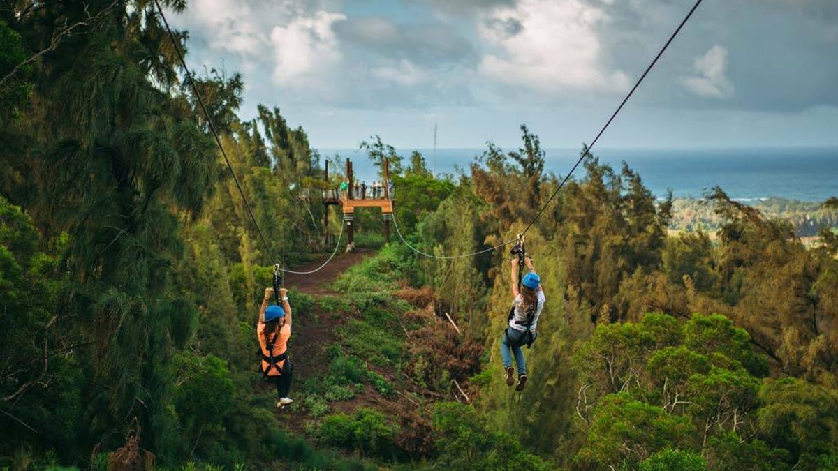At Keana Farms, riders fly on eight ziplines, one spanning almost half of a mile.