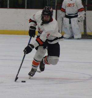 Sophomore forward Ethan Shepard (9) scored a game-winning goal for the Cheboygan Chiefs hockey team, which captured a 5-4 overtime victory at Cadillac on Wednesday.