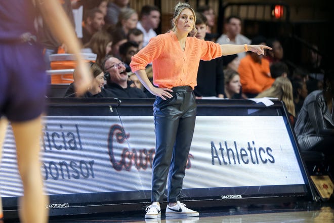 Oklahoma State Head Coach Jacie Hoyt stands by in the first half during a women's varsity basketball game between the Oklahoma State Cowgirls (OSU) and the Kansas State Wildcats at the Gallagher-Iba Arena in Stillwater, Oklahoma, Wednesday, January 25 sideline.  2023