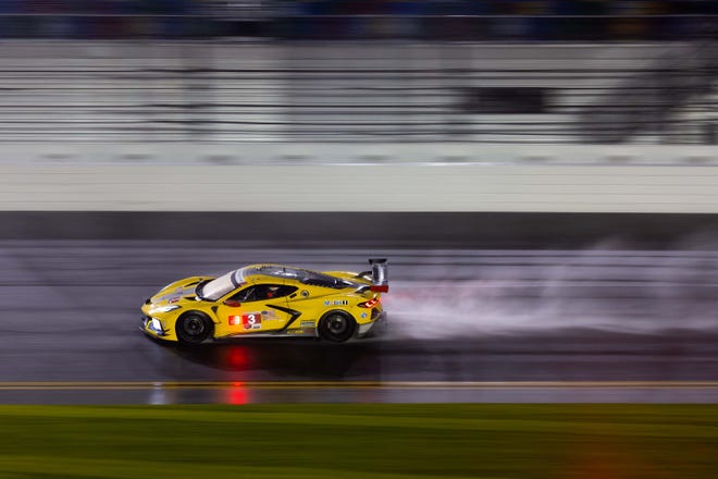 A Corvette C8.R practices at Daytona Roar for the Rolex 24 Hours of Daytona. Drivers: Jordan Taylor, Antonio Garcia, and Tommy Milner