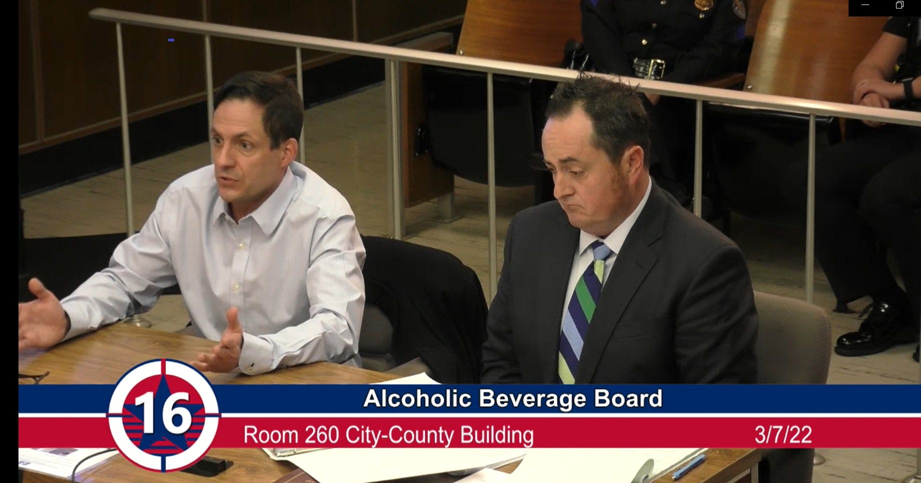 Tiki Bob’s Cantina co-owner Jason Stellema, left, and the club’s attorney, N. Davey Neal, testify before the Alcoholic Beverage Board of Marion County in March.