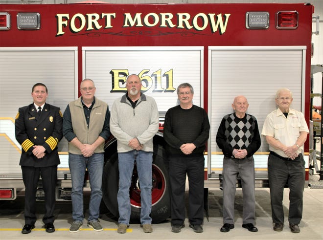 Six chiefs, past and present, of the Fort Morrow Fire District were honored during the department's annual dinner on Saturday, Jan. 21, 2023, at the fire hall in Waldo. From left to right are new Chief Tyler Lowe, recently retired Chief Kevin Edington (2018-2023), and former chiefs Terry Bowdre (2009-2017), Mike Fogle (1989-2009), Rex Henry (1975-1989), and Bruce Baker (1962-1975). Each of the retired chiefs was presented with a certificate honoring their service with the Fort Morrow Fire District.