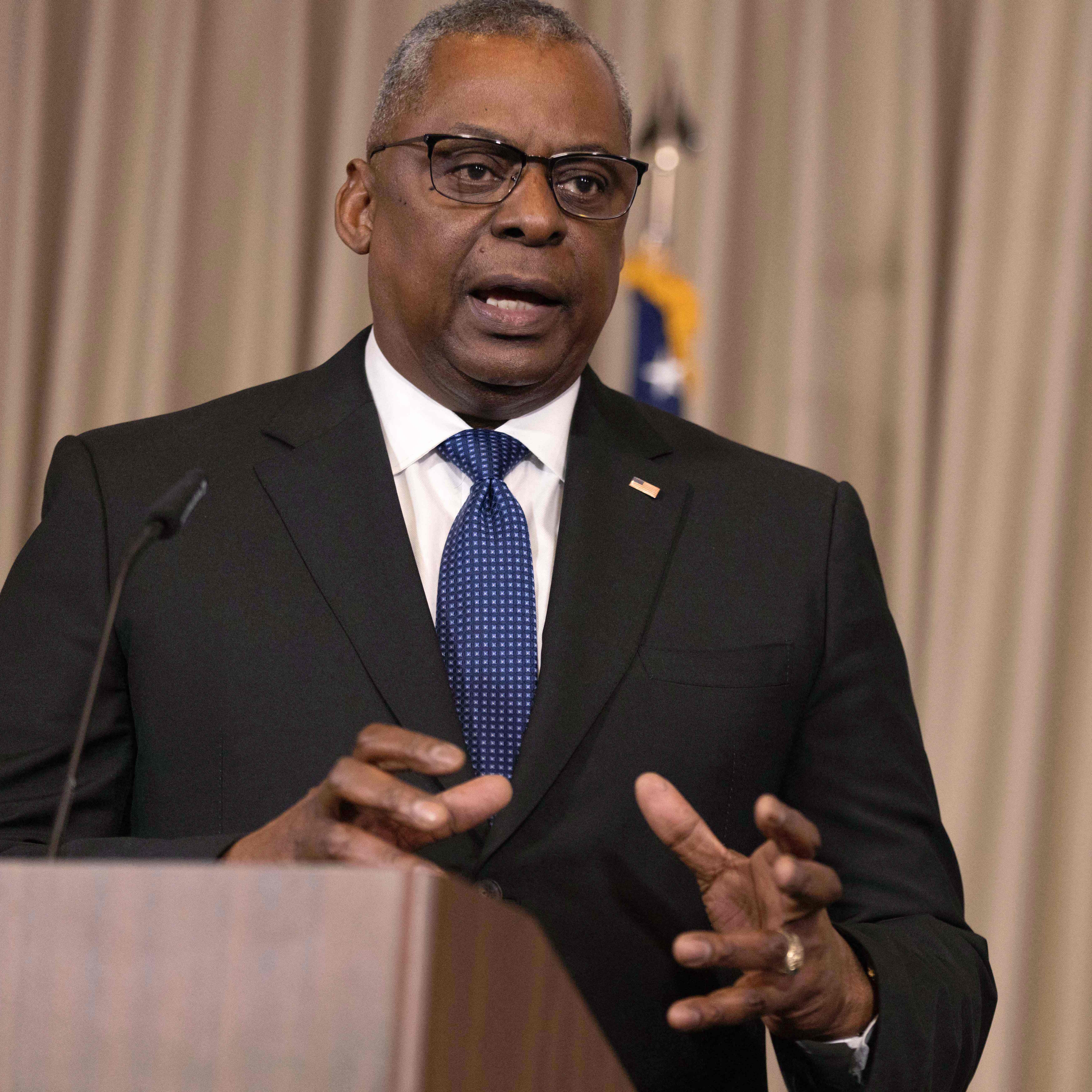 US Secretary of Defense Lloyd Austin gives a press conference during the Ukraine Defence Contact Group meeting at the US Air Base in Ramstein, western Germany, on January 20, 2023.  Austin confirmed on Thursday, the U.S. military had killed a senior Islamic State leader during an assault operation in northern Somalia. (Photo by ANDRE PAIN / AFP) (Photo by ANDRE PAIN/AFP via Getty Images)