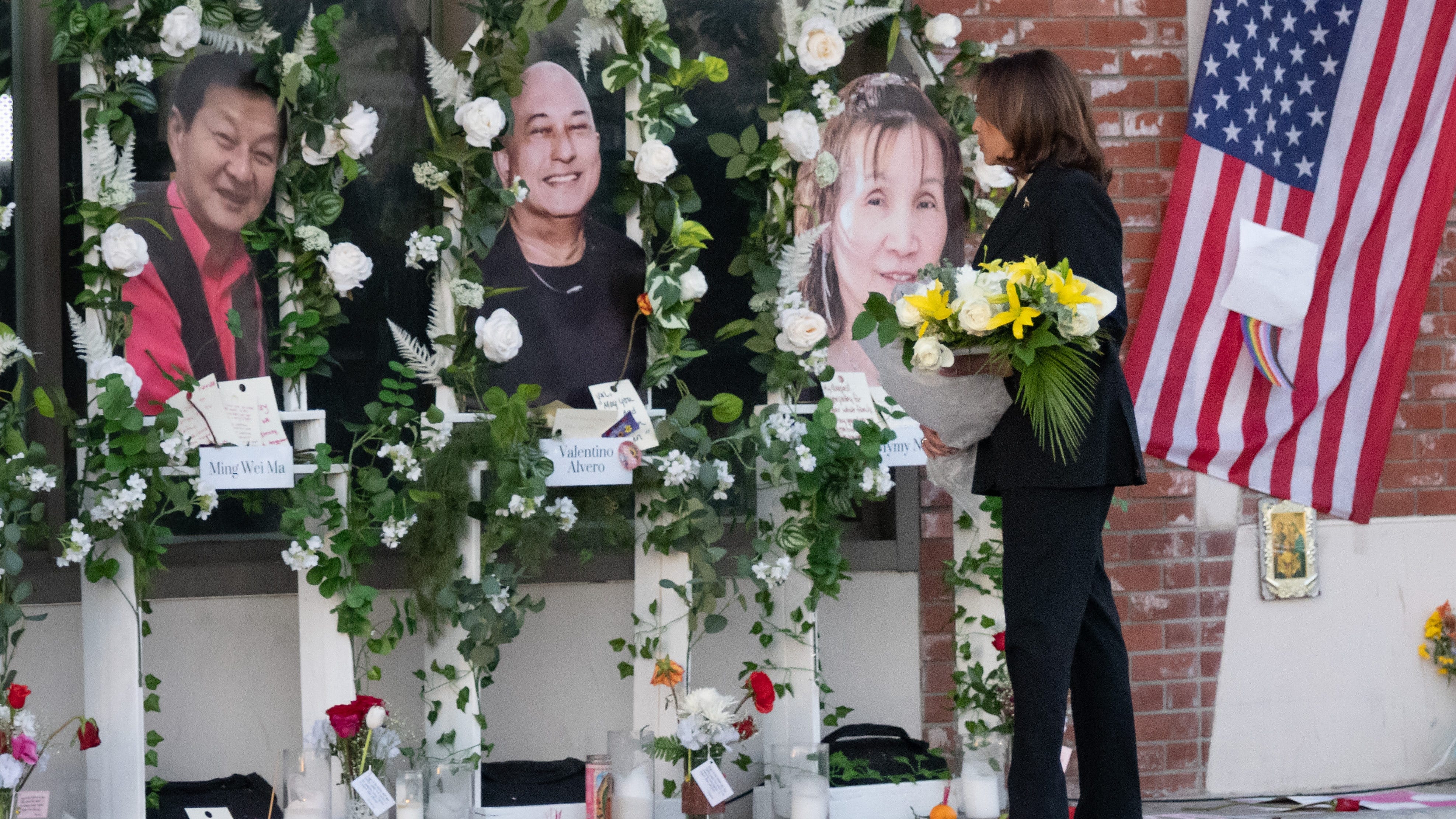 Vice President Kamala Harris visits the Star Ballroom Dance Studio in Monterey Park, California on Wednesday, Jan. 25, 2023. Harris visited the site of a shooting that claimed 11 lives to pay her respects and later met with the victims' families.