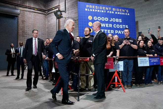 President Joe Biden arrives to speak at the Steamfitters Local 602 in Springfield, Virginia, on Thursday.