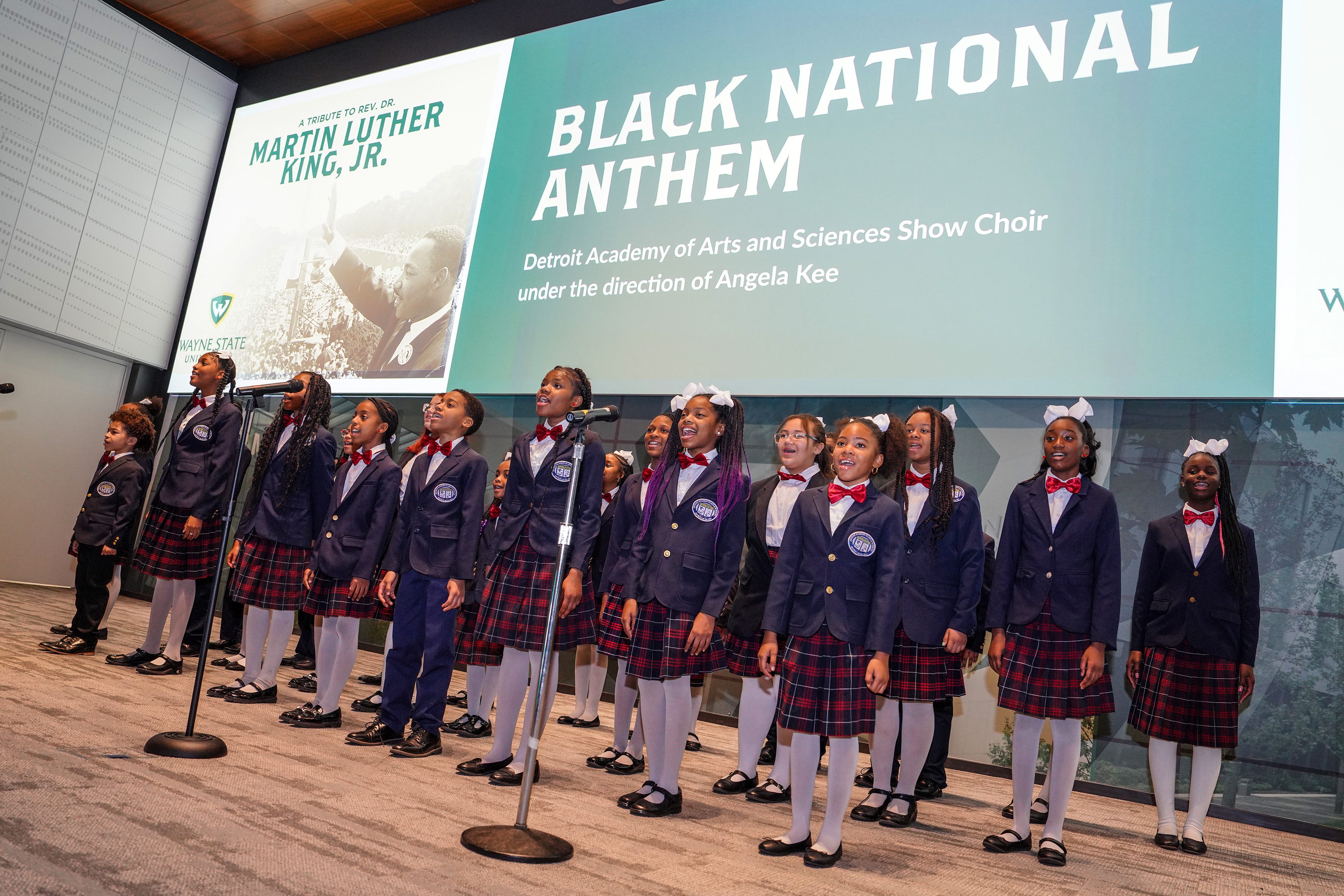 The Detroit Academy of Arts Show Choir, under the direction of Angela Kee, performed James Weldon Johnson's "Lift Every Voice and Sing," popularly known as the "Black National Anthem" on Jan. 13th during "A Tribute to Rev. Dr. Martin Luther King Jr."  program, presented by Wayne State University.