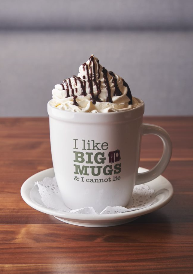 Turning Point in the Christiana Fashion Center sells an Original Hot Chocolate that is topped with whipped cream and a drizzle of chocolate sauce.