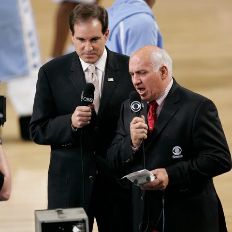 CBS Sports announcers Jim Nantz, left, and Billy P