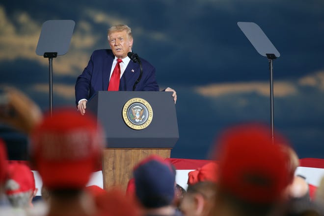 President Donald Trump speaks at an airport hanger at a rally a day after he formally accepted his partys nomination at the Republican National Convention on August 28, 2020 in Londonderry, New Hampshire.