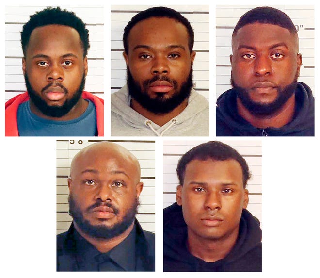 This combo of booking images provided by the Shelby County Sheriff's Office shows, from top row from left, Tadarrius Bean, Demetrius Haley, Emmitt Martin III, bottom row from left, Desmond Mills, Jr. and Justin Smith. The five former Memphis police officers have been charged with second-degree murder and other crimes in the arrest and death of Tyre Nichols, a Black motorist who died three days after a confrontation with the officers during a traffic stop, records showed Thursday, Jan. 26, 2023.