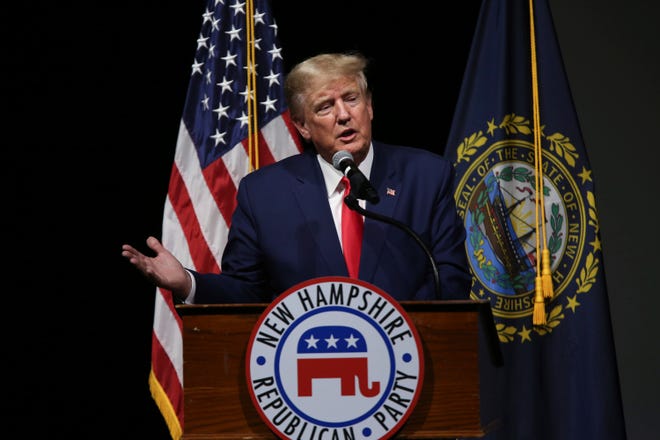 Former President Donald Trump speaks during the New Hampshire Republican State Committee 2023 annual meeting, Saturday, Jan. 28, 2023, in Salem, N.H. (AP Photo/Reba Saldanha) ORG XMIT: NHRS110