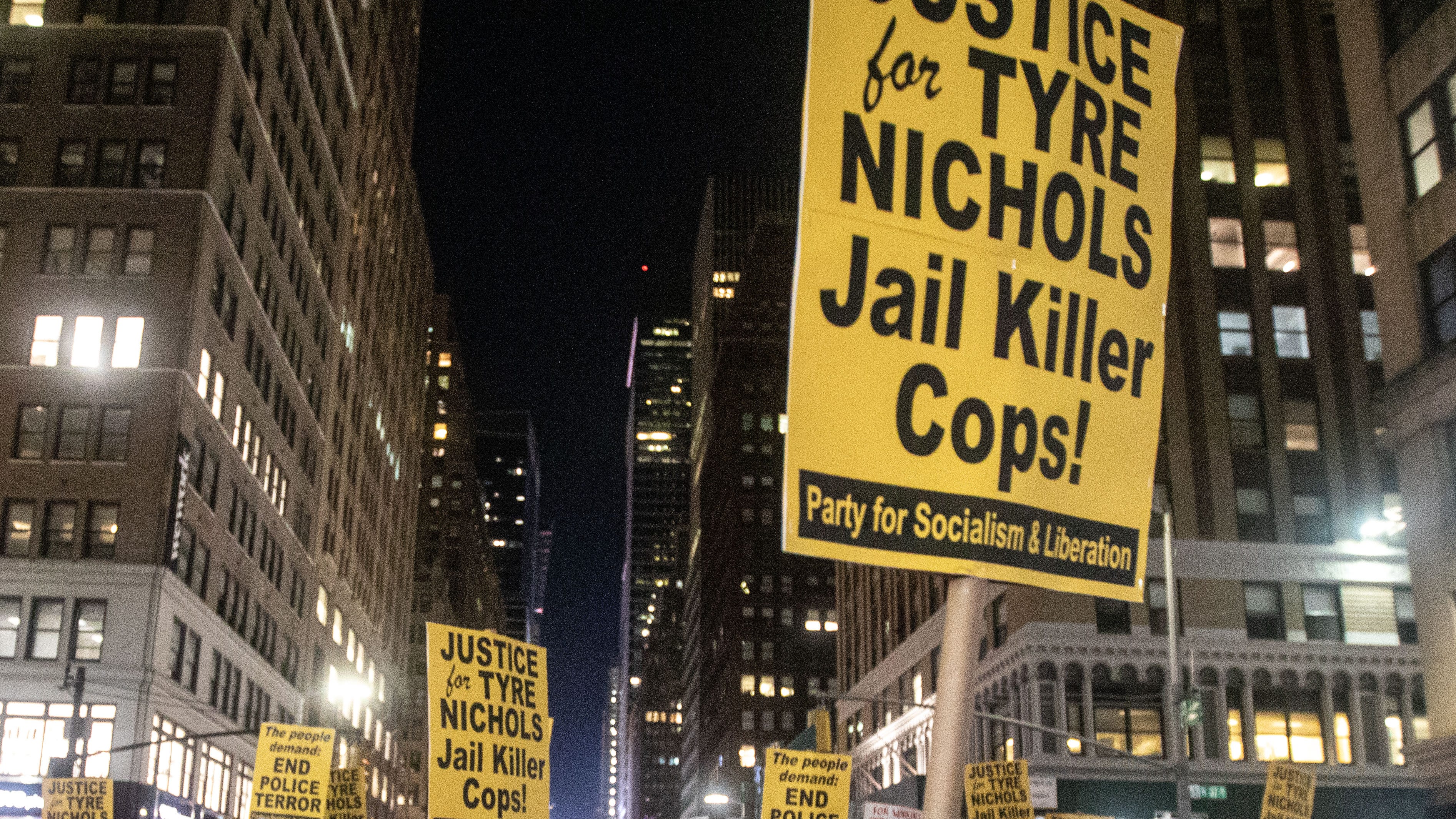 Several hundred protestors march through midtown Manhattan Jan. 27, 2023 after the release of video showing Memphis, TN police beating Tyre Nichols on Jan. 7 following a traffic stop. Nichols died three days later.
