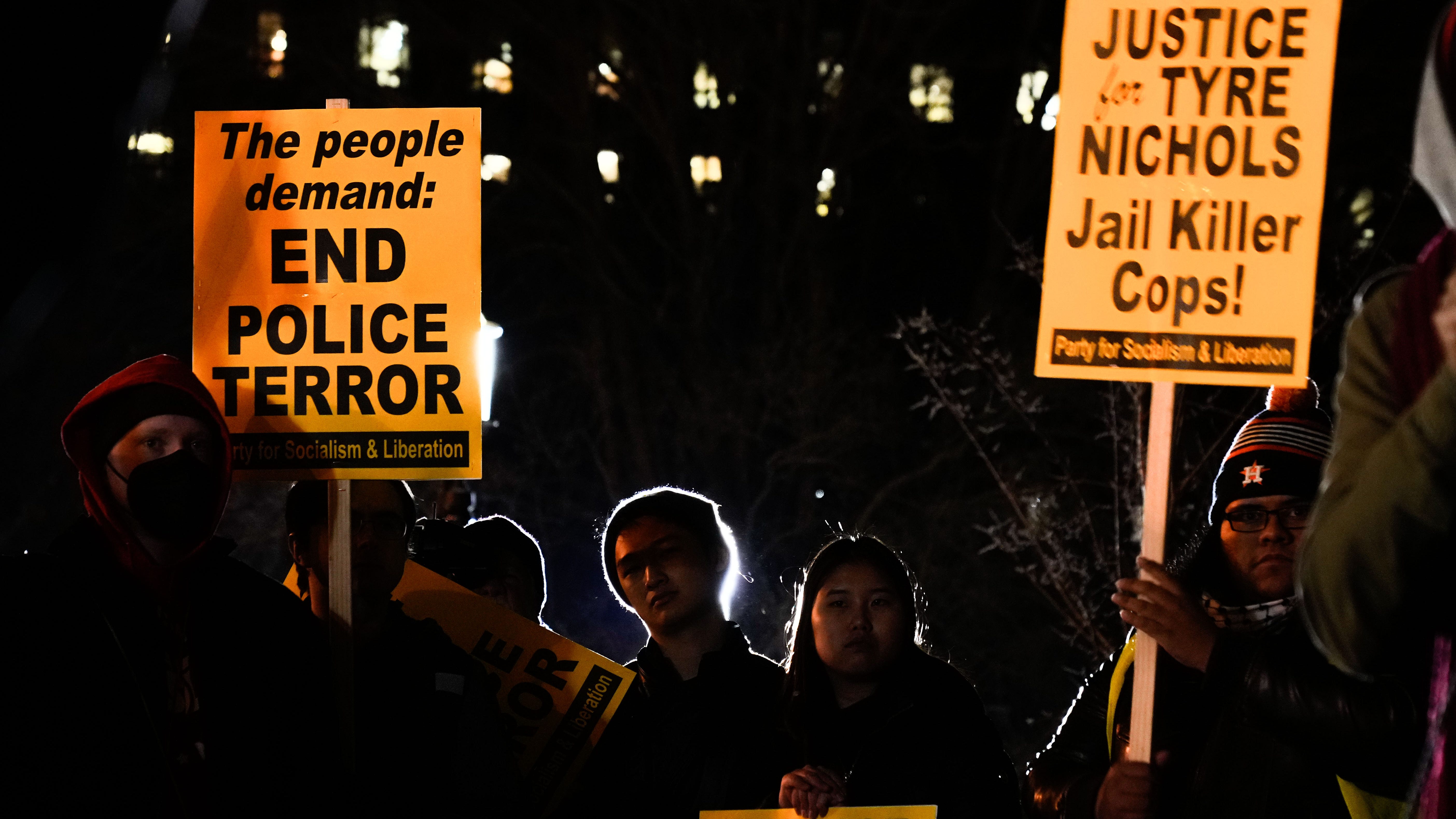 Protestors rally in Lafayette Square after Memphis officials released police body camera footage of the arrest of Tyre Nichols. Nichols was pulled over by police on January 7 in Memphis. The encounter left Nichols hospitalized in critical condition after what police initially described as "confrontations" with officers. Nichols died three days later. Five former officers, who were fired last week, were charged Thursday with second-degree murder and other crimes in connection to Nichols' death.