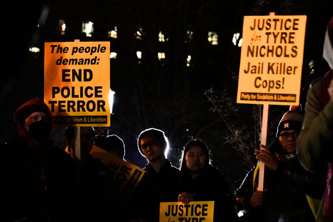 Protestors rally in Lafayette Square after Memphis officials released police body camera footage of the arrest of Tyre Nichols. Nichols was pulled over by police on January 7 in Memphis. The encounter left Nichols hospitalized in critical condition after what police initially described as "confrontations" with officers. Nichols died three days later. Five former officers, who were fired last week, were charged Thursday with second-degree murder and other crimes in connection to Nichols' death.