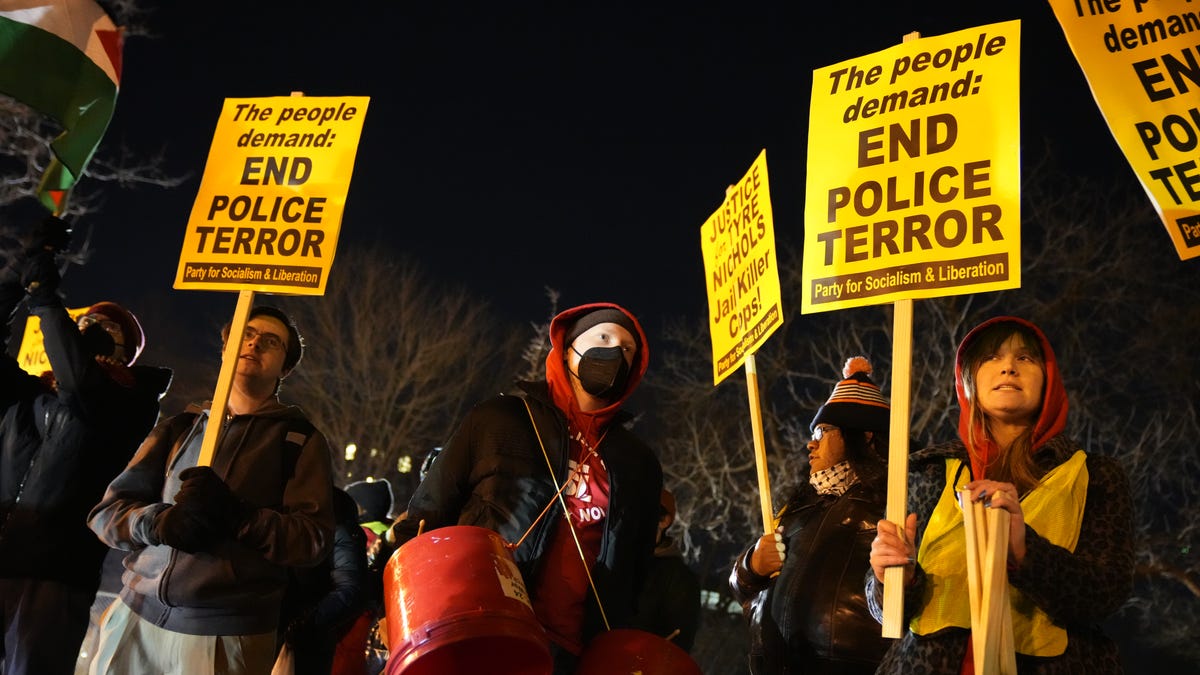 Protesters rally in Washington, D.C., on Jan. 27, 2023, after Memphis, Tenn., released police body camera footage of the fatal beating of Tyre Nichols.