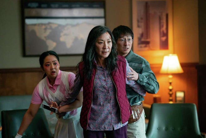 Stephanie Hsu, left, Michelle Yeoh and Ke Huy Quan in a scene from, "Everything Everywhere All At Once."