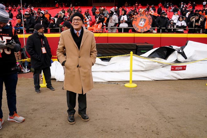 Ohio Gov. Mike DeWine stands on the sidelines before last month's AFC Championship game between the Cincinnati Bengals and the Kansas City Chiefs at Arrowhead Stadium. The cost of providing security for the governor's trip to last year's Super Bowl is at the center of a lawsuit before the Ohio Supreme Court.