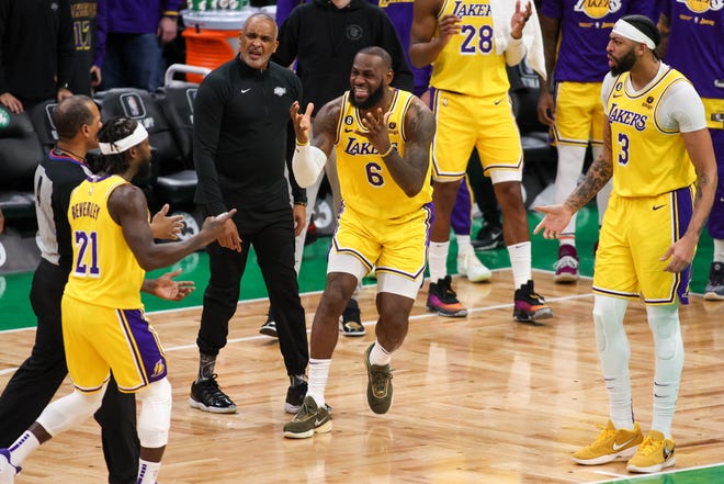 Los Angeles Lakers forward LeBron James reacts after a no-call on the final play of regulation against the Boston Celtics.