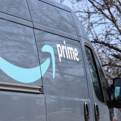 An Amazon delivery truck is seen in Plainview, New