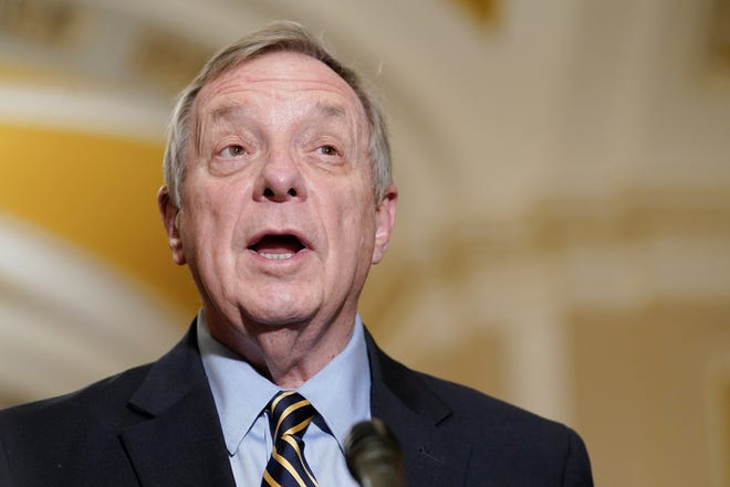 Sen. Dick Durbin, D-Ill., speaks during a news conference with members of Senate Democratic leadership, Dec. 6, 2022, on Capitol Hill in Washington.