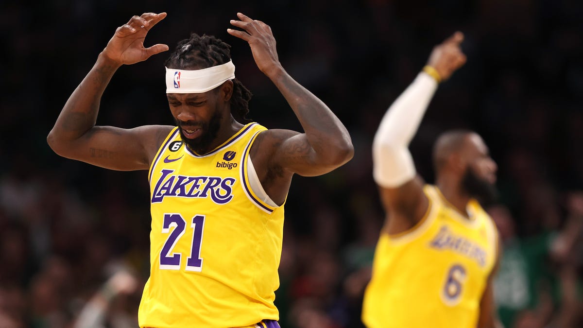 Patrick Beverley reacts during the fourth quarter of the Lakers' game against the Celtics.