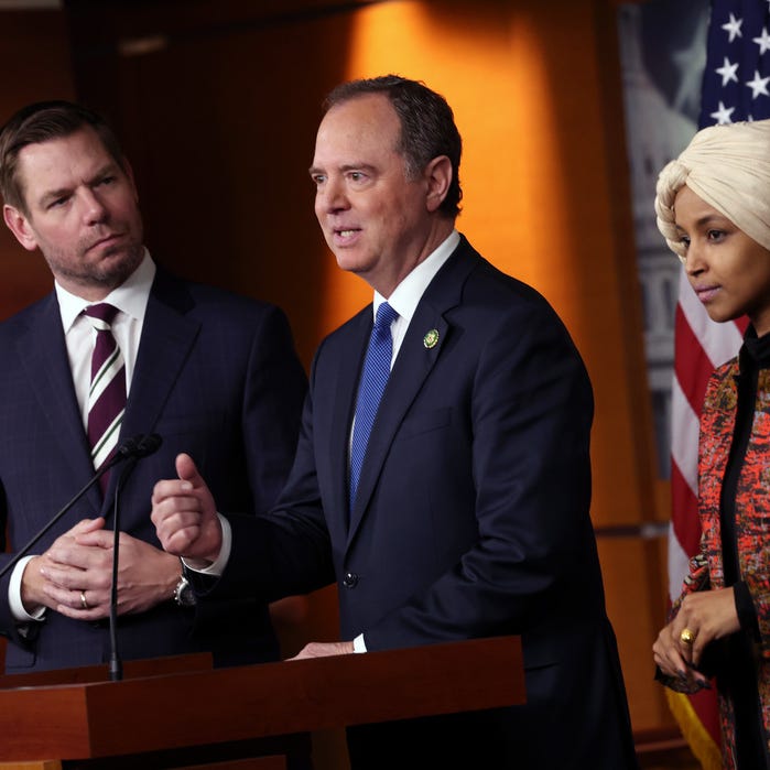 U.S. Rep. Adam Schiff, D-Calif., (C), joined by Rep. Eric Swalwell, D-Calif., and Rep. Ilhan Omar D-Minn., speaks at a press conference on committee assignments for the 118th U.S. Congress, at the U.S. Capitol Building on January 25, 2023 in Washington, DC.
