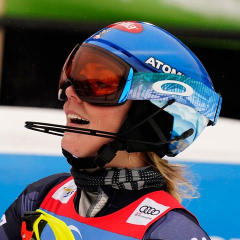 United States' Mikaela Shiffrin reacts after compl