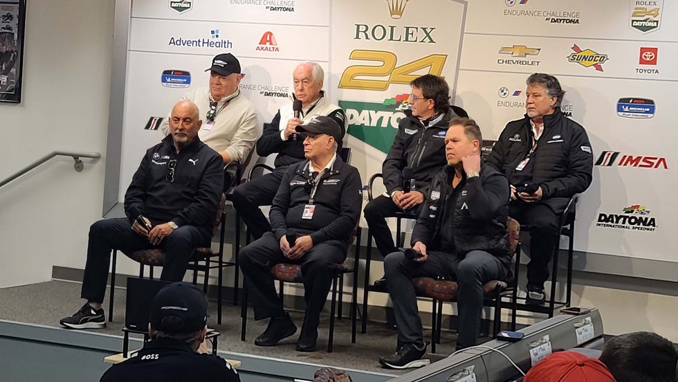 “We expect to have a decision soon from Formula 1,” said Michael Andretti (top right), CEO of Andretti Global, at the 24 Hours of Daytona last week. Andretti has partnered with Cadillac to form an F1 team.