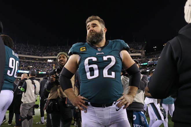 Jan 29, 2023; Philadelphia, Pennsylvania, USA; Philadelphia Eagles center Jason Kelce (62) on the field after win against the San Francisco 49ers in the NFC Championship game at Lincoln Financial Field. Mandatory Credit: Bill Streicher-USA TODAY Sports