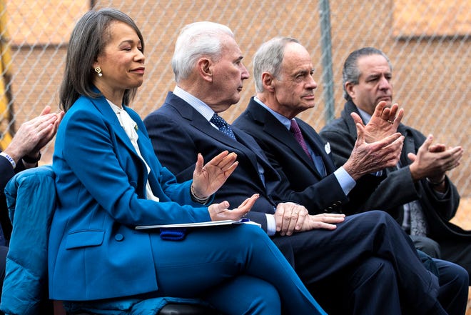 From left, U.S Representative Lisa Blunt Rochester, Wilmington Mayor Michael Purzycki, Senator Tom Carper and Delaware Building Construction Trades President James Maravelias attended a groundbreaking ceremony at JPMorgan Chase's Wilmington Corporate Center, Mon., Jan. 30, 2023.