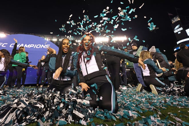 Philadelphia Eagles cheerleaders celebrate after a win against the San Francisco 49ers in the NFC championship game at Lincoln Financial Field on Sunday, Jan 29, 2023, in Philadelphia.