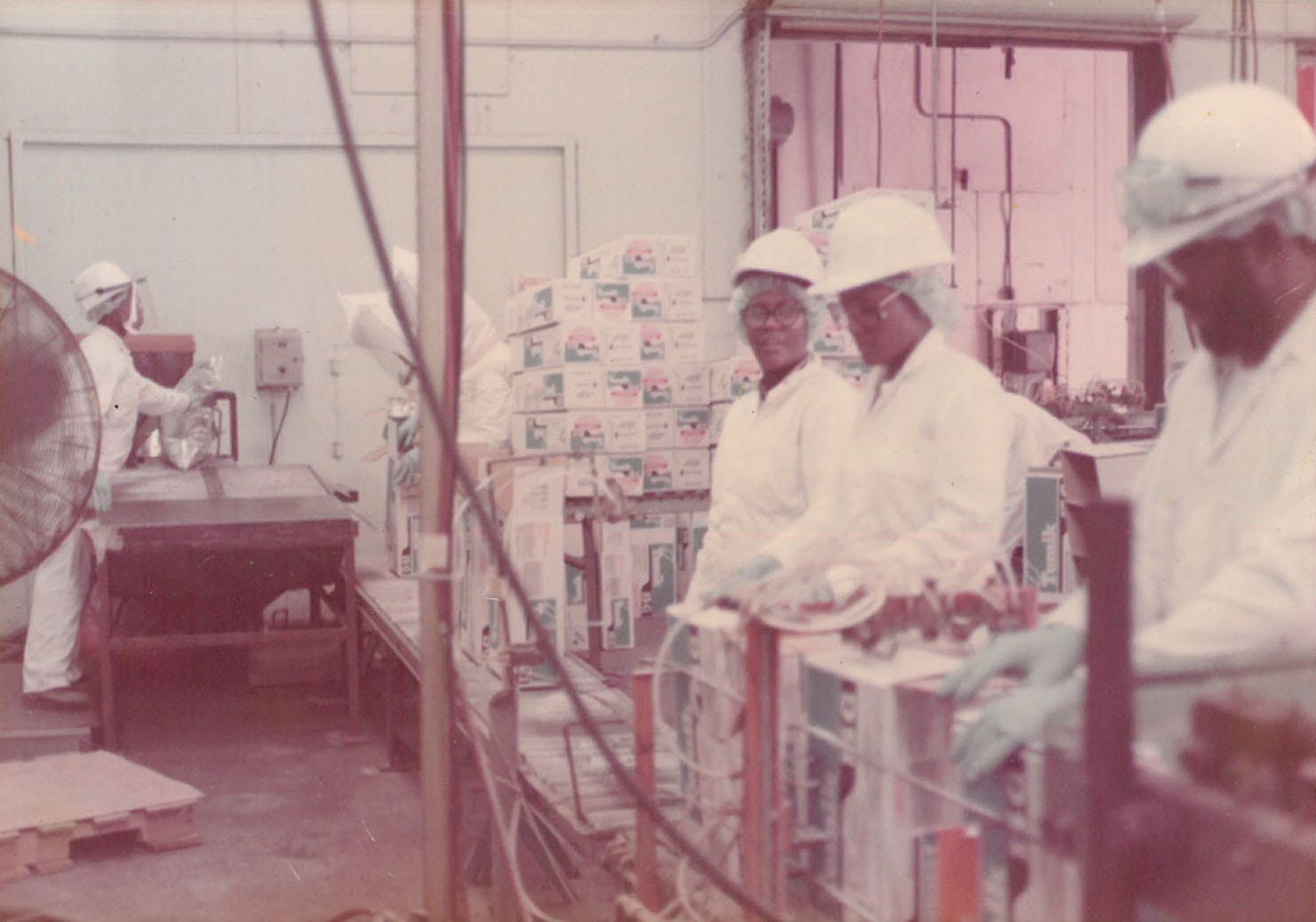 Workers on the assembly line in the Thiokol Chemical Corporation plant in Woodbine, Georgia, in the late 1960s.