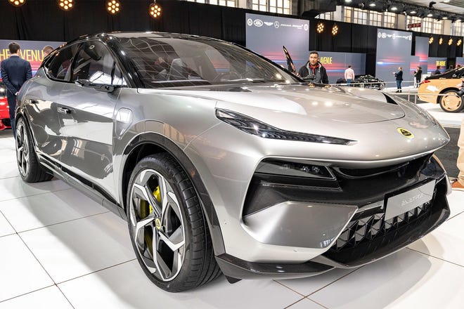 Lotus Ellet Performance SUV electric car on display at Expo Brussels on January 13, 2023 in Brussels, Belgium.