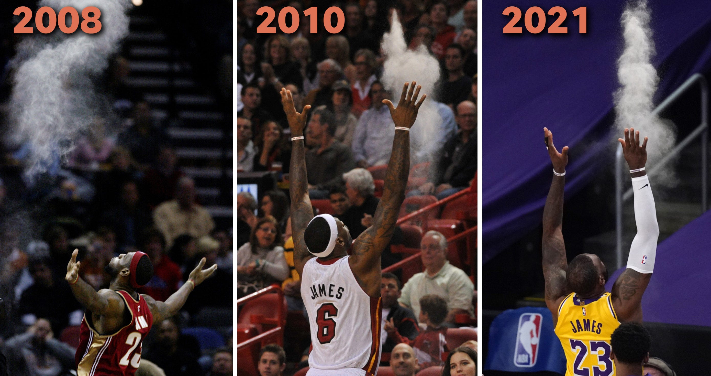 LeBron James' signature warm-up routine: Jan. 17, 2008 in San Antonio with the Cavaliers; Dec. 20, 2010 in Miami with the Heat and May 19, 2021 in Los Angeles with the Lakers.