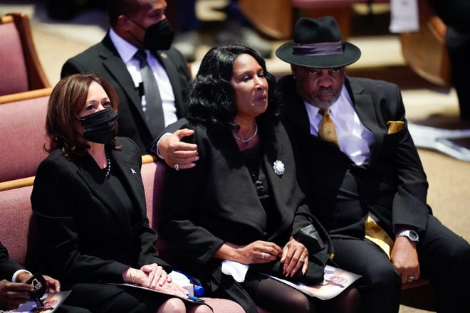 Vice President Kamala Harris sits with the parents of Tire Nichols, RowVaughn Wells and Rodney Wells during the funeral service for Tire Nichols at the Mississippi Boulevard Christian Church in Memphis, Tennessee on Wednesday, Feb. 1, 2023.