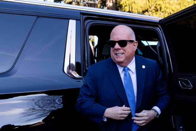 Outgoing Maryland Gov. Larry Hogan exits his car outside the State House prior to Gov.-elect Wes Moore's inauguration in Annapolis, Md., Wednesday, Jan. 18, 2023. Hogan could also compete in the GOP primary against Donald Trump.