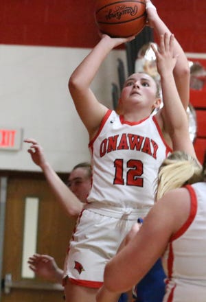 Senior Aubrey Benson (12) scored a game-high 17 points for the Onaway girls, who picked up a home victory over Central Lake on Wednesday.