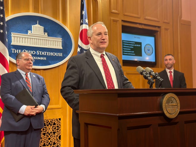 Ohio Auditor Keith Faber introduces his plan with state Rep. Tim Schaffer to increase funding for fraud investigations and potentially penalties for public officials who don't report it.